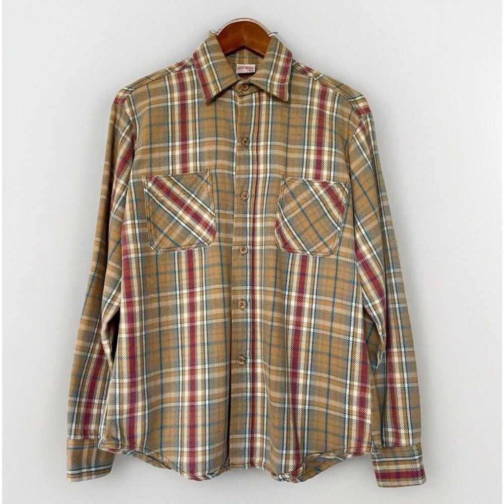 Vintage 70s Big Mac Flannel Shirt Mens M Gold Plaid Heavyweight JC Penney